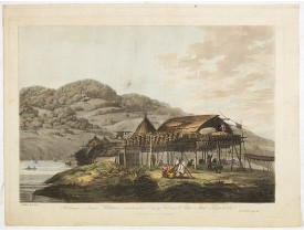 WEBBER, J. -  Balagans or summer habitations, with the method of drying fish at St. Peter and Paul, Kamtschatka.
