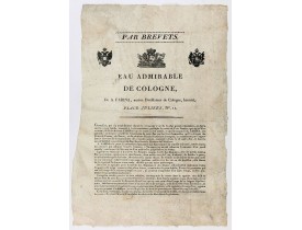 Advertising placard for the "Eau de Cologne" by A. FARINA. -  Par Brevets. / Eau admirable de Cologne, de A. Farina, ancien Distillateur de Cologne, breveté, Place Juliers, N°11.